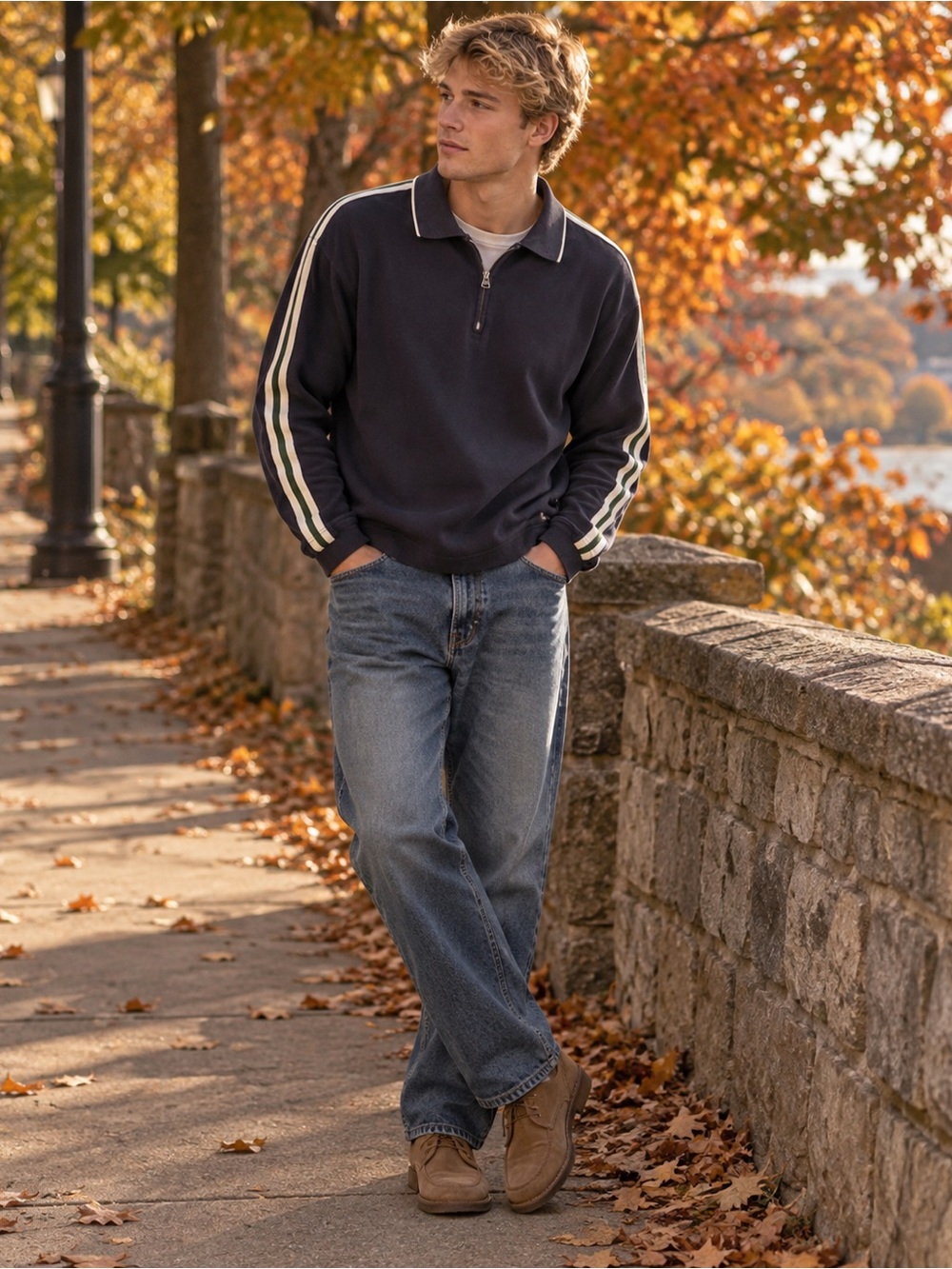 American Eagle Outfitters Quarter Zip Polo Rugby Shirt Navy Stripe Long Sleeve L